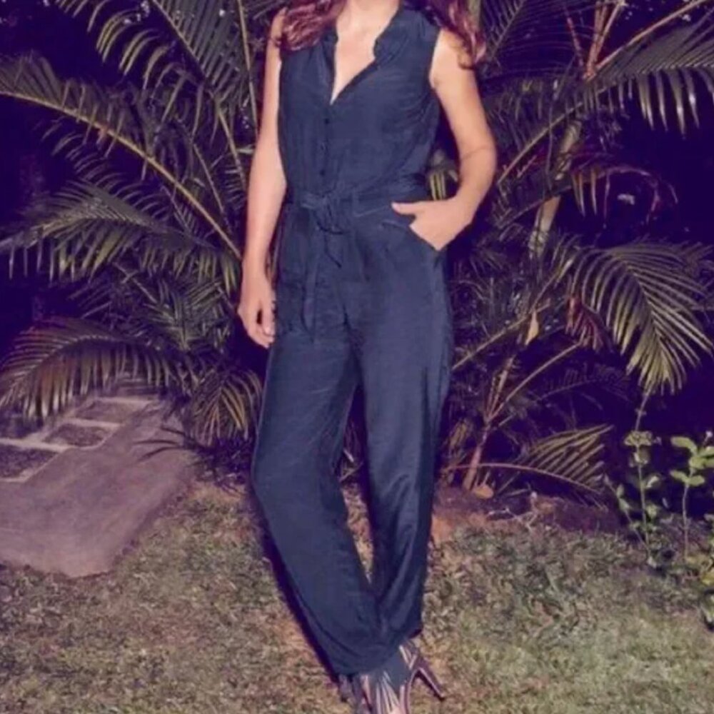 Boden Rebecca Navy Viscose Sleeveless Jumpsuit with Button Detail